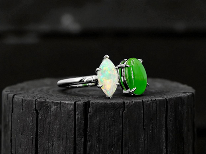 Opade Elegance Burmese A-Jadeite and Australian Opal Toi et Moi Ring Size US 7 with 14K White Gold - Certified V3