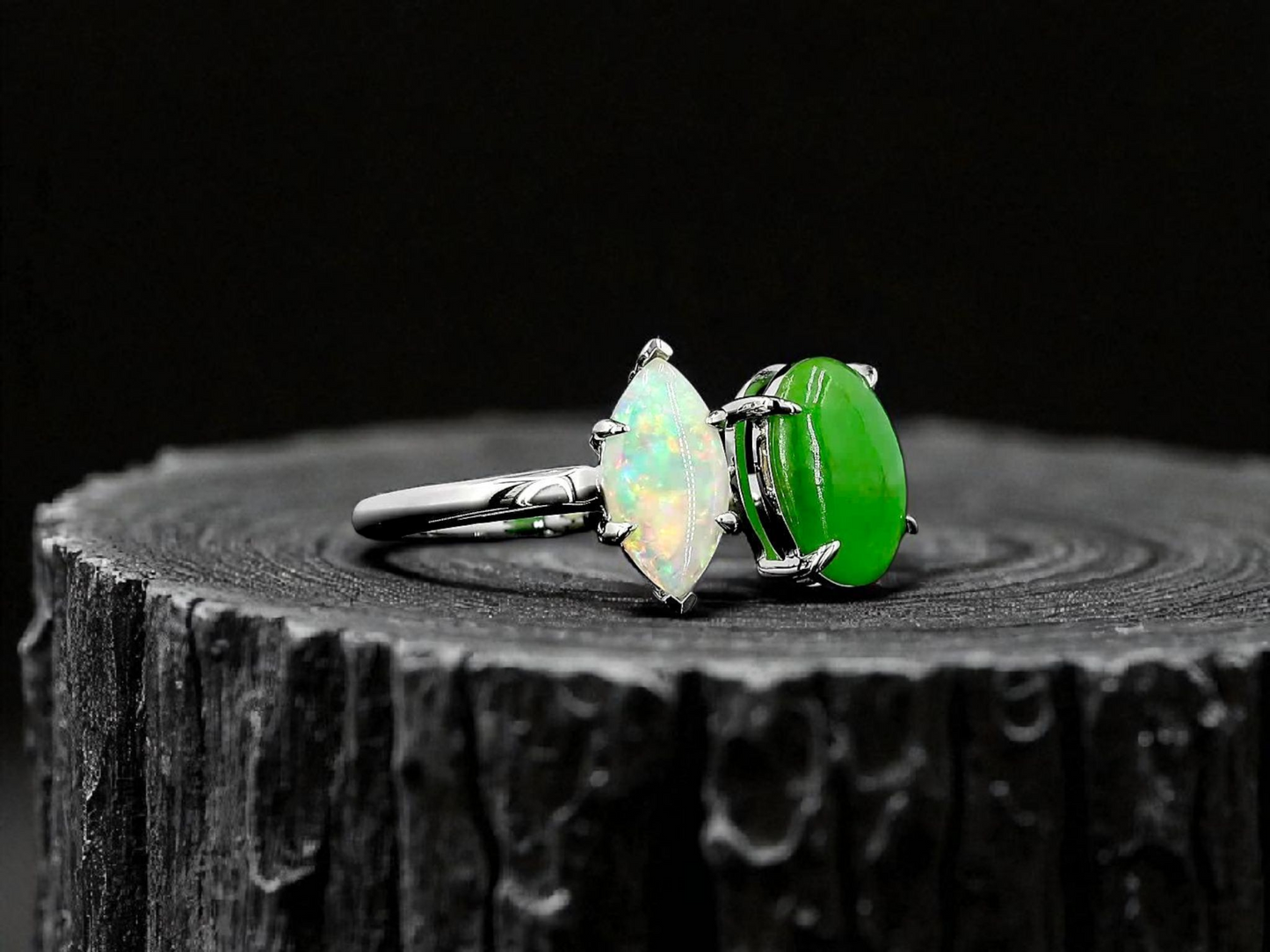 Opade Elegance Burmese A-Jadeite and Australian Opal Toi et Moi Ring Size US 7 with 14K White Gold - Certified V3