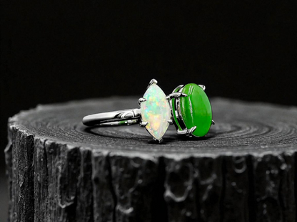 Opade Elegance Burmese A-Jadeite and Australian Opal Toi et Moi Ring Size US 7 with 14K White Gold - Certified V3