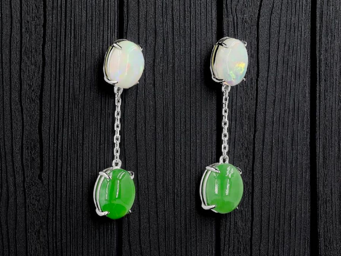 Opade Opulence Burmese A-Jadeite and Australian Opal Drop and Dangle Earrings with 18K White Gold - Certified V1