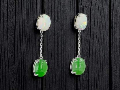 Opade Opulence Burmese A-Jadeite and Australian Opal Drop and Dangle Earrings with 18K White Gold - Certified V1