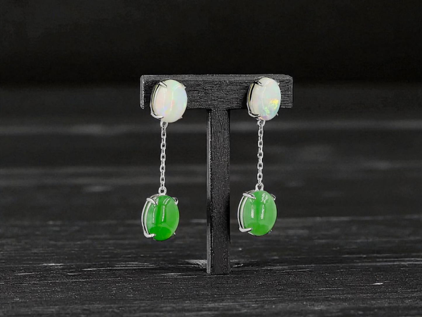 Opade Opulence Burmese A-Jadeite and Australian Opal Drop and Dangle Earrings with 18K White Gold - Certified V1