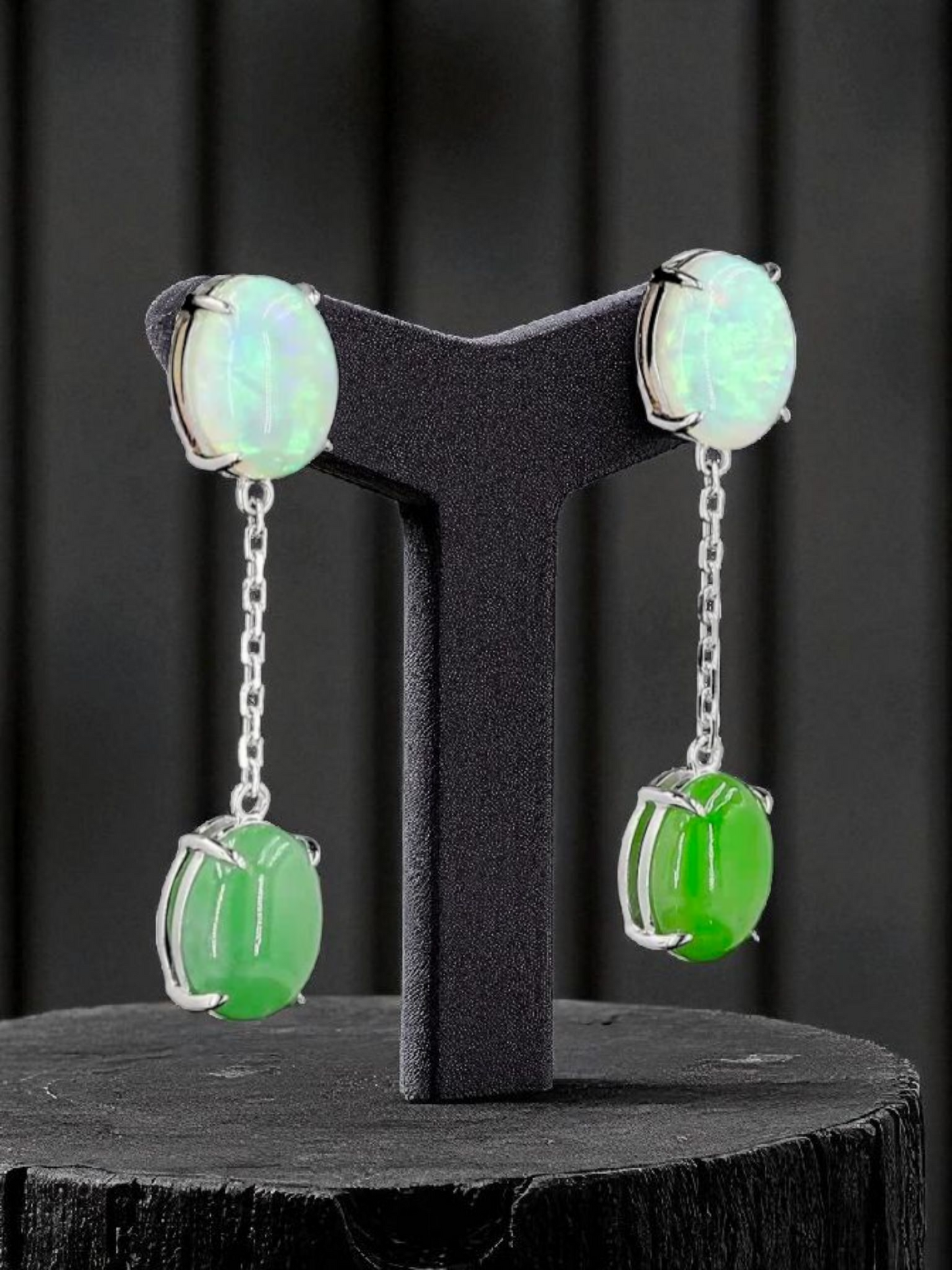 Opade Elegance Burmese A-Jadeite and Australian Opal Drop and Dangle Earrings with 14K White Gold - Certified V1