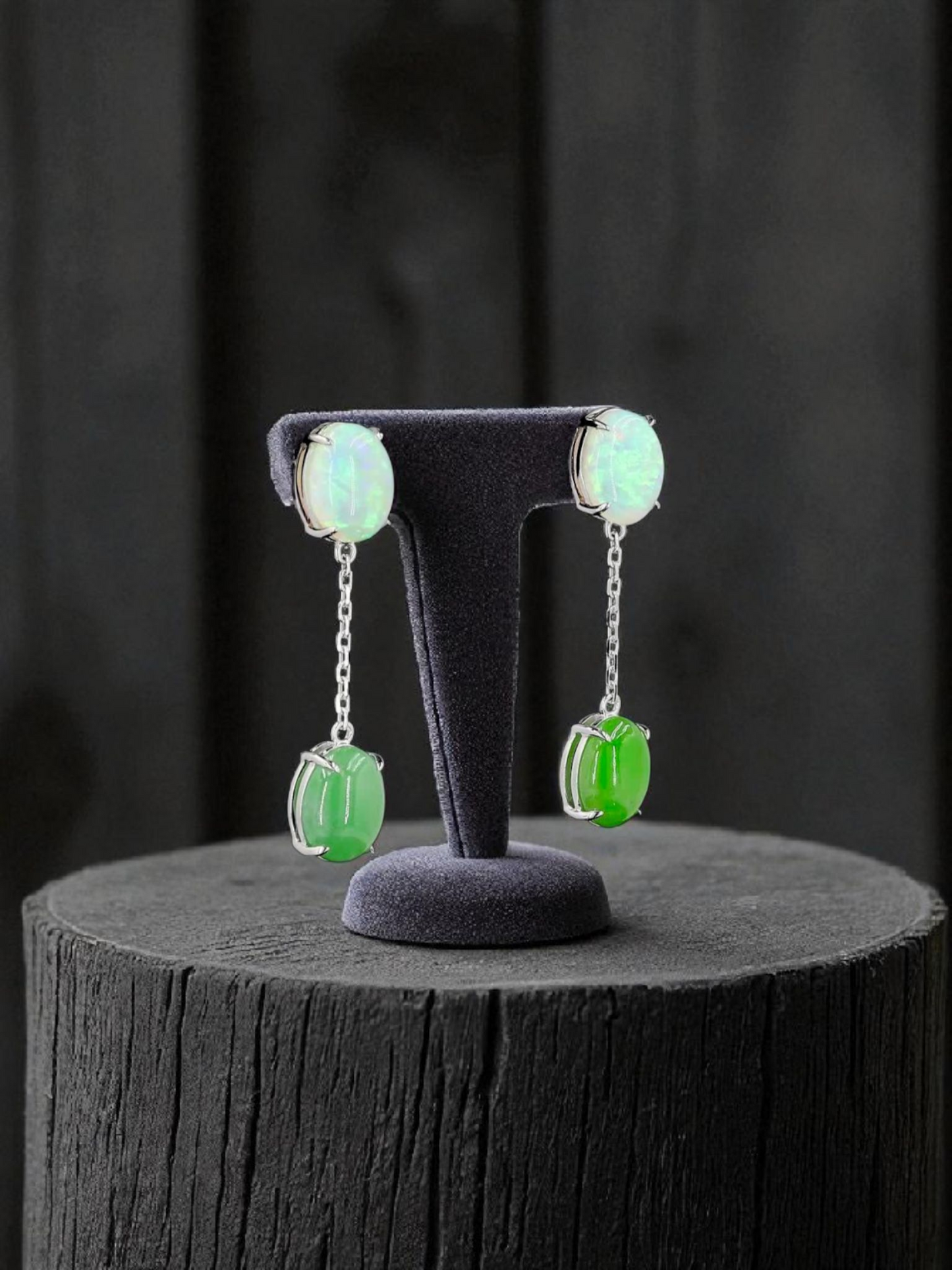 Opade Elegance Burmese A-Jadeite and Australian Opal Drop and Dangle Earrings with 14K White Gold - Certified V1