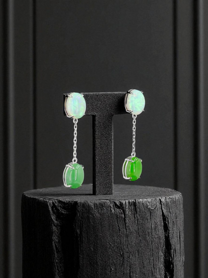 Opade Elegance Burmese A-Jadeite and Australian Opal Drop and Dangle Earrings with 14K White Gold - Certified V1