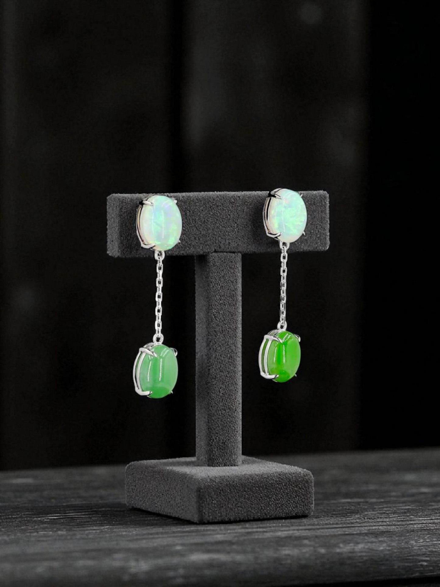 Opade Elegance Burmese A-Jadeite and Australian Opal Drop and Dangle Earrings with 14K White Gold - Certified V1