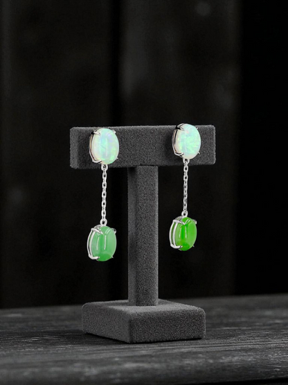 Opade Elegance Burmese A-Jadeite and Australian Opal Drop and Dangle Earrings with 14K White Gold - Certified V1
