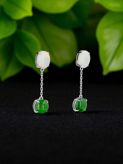 Opade Elegance Burmese A-Jadeite and Australian Opal Drop and Dangle Earrings with 14K White Gold - Certified V2
