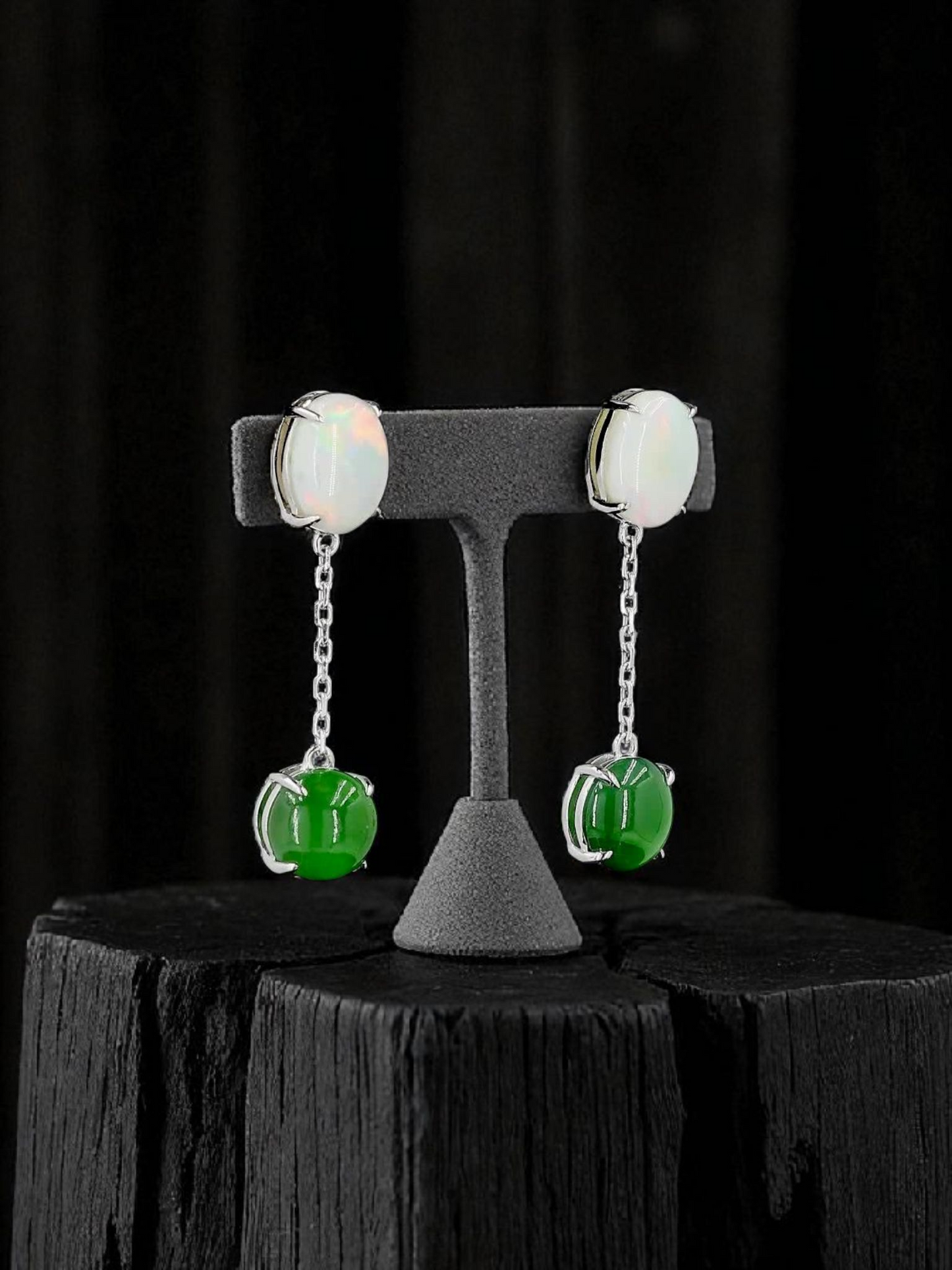Opade Elegance Burmese A-Jadeite and Australian Opal Drop and Dangle Earrings with 14K White Gold - Certified V2