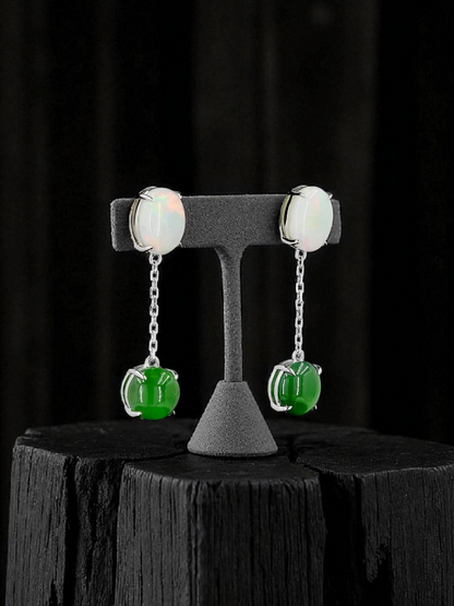Opade Elegance Burmese A-Jadeite and Australian Opal Drop and Dangle Earrings with 14K White Gold - Certified V2