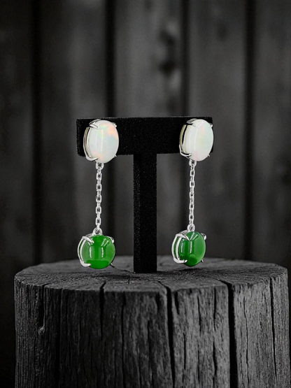 Opade Elegance Burmese A-Jadeite and Australian Opal Drop and Dangle Earrings with 14K White Gold - Certified V2