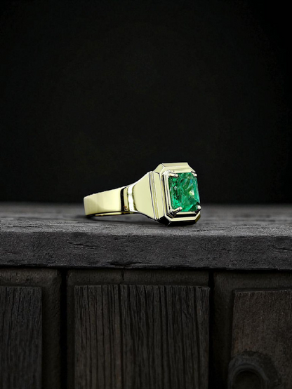 Certified Natural Columbian Emerald 1.72 cts (Vivid Green) Men's Ring with 14K Yellow Gold - Size US 9 - R6