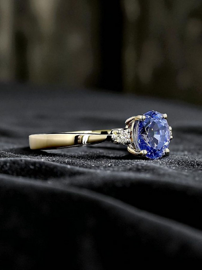 Certified Kyoto Oval Shaped 1.17 cts. No Heat Natural Blue Sapphire Ring with 14K Yellow Gold and White Diamonds Size US 6.5  - R7