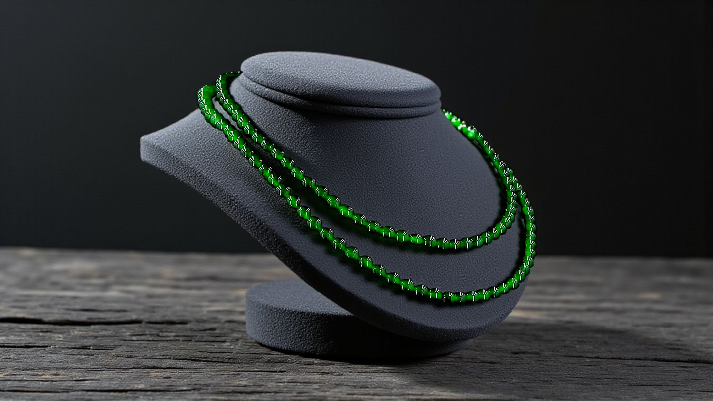 Imperial Green Burmese A-Jade Beaded Long Necklace - 25.60 inches (4.50 mm Beads) with Sterling Silver 925 - Certified - 10011
