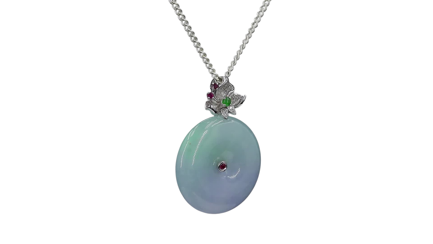 Jito Round Burmese A-Jadeite 24mm Icy Lavender and Green Donut Pendant (with 18K White Gold) - HKJSL Certified