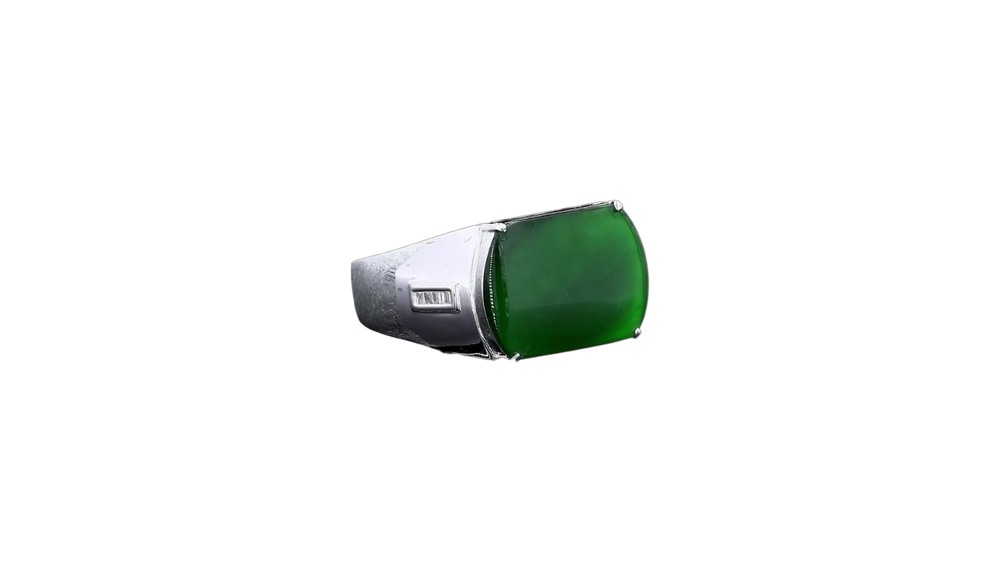 Odate MADE IN JAPAN Certified Vivid-Imperial Intense Green Burmese A-Jadeite Men's Ring (with 18K White Gold and Diamonds) Size US 9.5 - R24