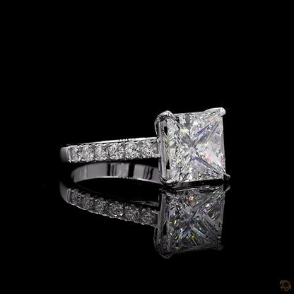 Ohime 4.01 cts. Natural Princess-Cut E i1 Diamond Cocktail Ring with Round White VVS Diamonds and 18K White Gold - GIA Certified-R10