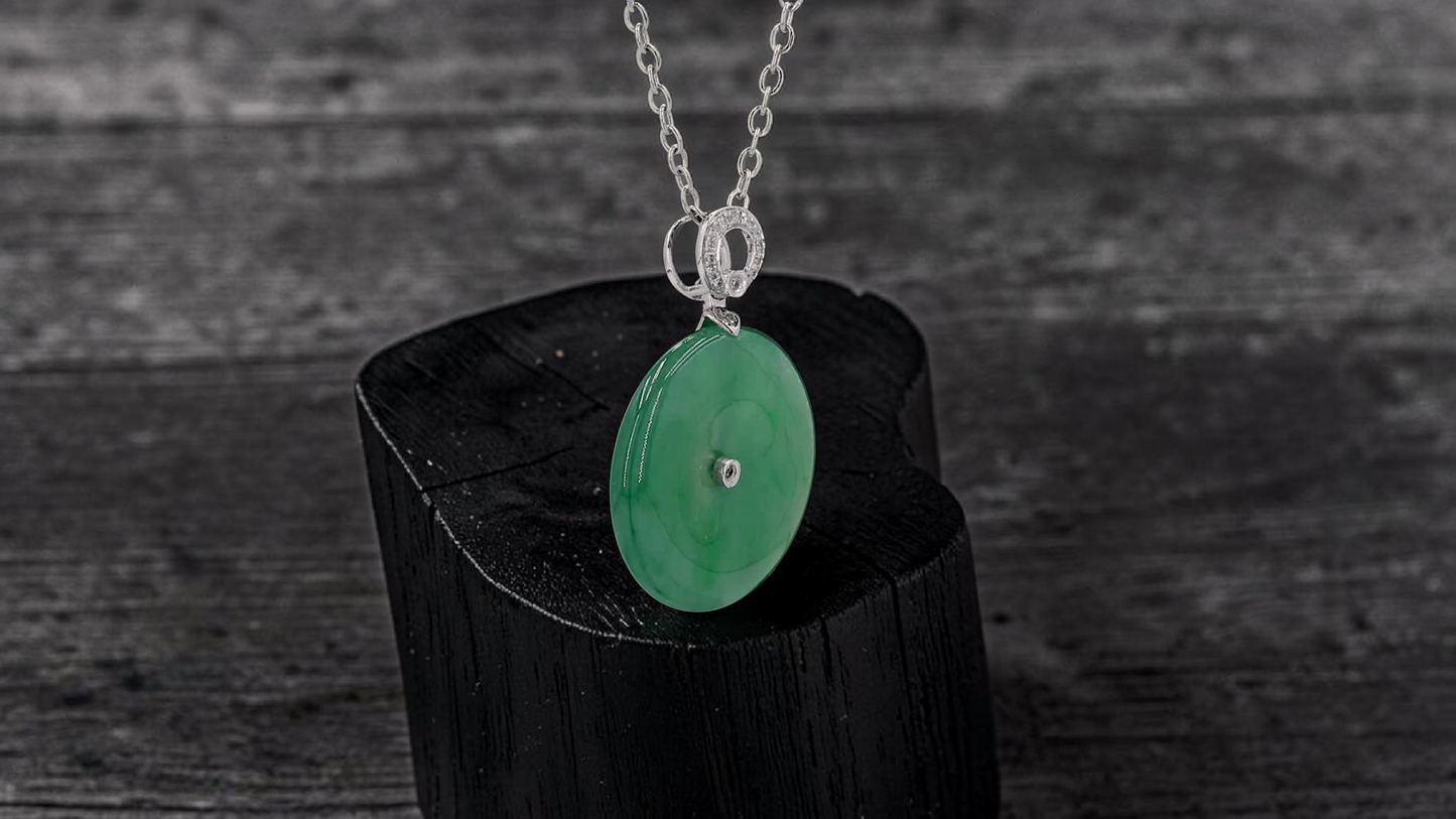 Omuta Round Burmese A-Jadeite 17.30 mm Donut Charm Pendant (with 18K White Gold and White Diamonds) - Certified
