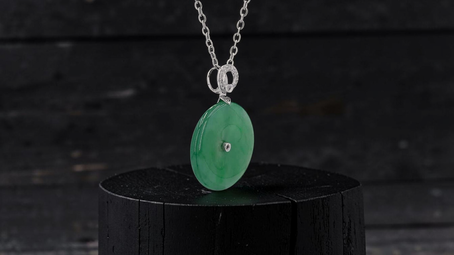Omuta Round Burmese A-Jadeite 17.30 mm Donut Charm Pendant (with 18K White Gold and White Diamonds) - Certified