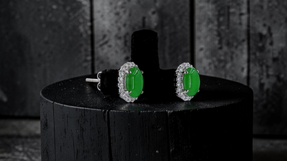 Eternal Sunshine Bright Imperial Green Burmese A-Jade Stud Earrings with Diamond Halo and 18K White Gold - Certified - V7