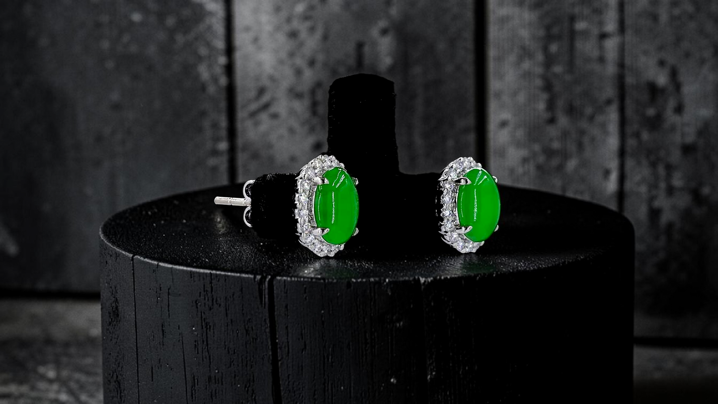 Eternal Sunshine Bright Imperial Green Burmese A-Jade Stud Earrings with Diamond Halo and 18K White Gold - Certified - V7