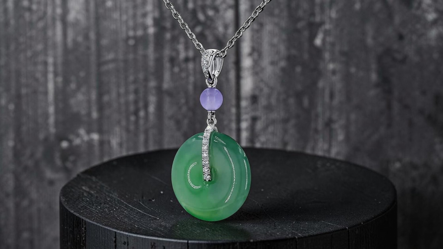 Nisshin Round Icy Green and Lavender Burmese A-Jadeite 16.80 mm Donut Charm Pendant (with 18K White Gold and White Diamonds) - Certified