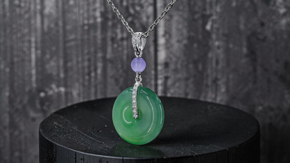 Nisshin Round Icy Green and Lavender Burmese A-Jadeite 16.80 mm Donut Charm Pendant (with 18K White Gold and White Diamonds) - Certified