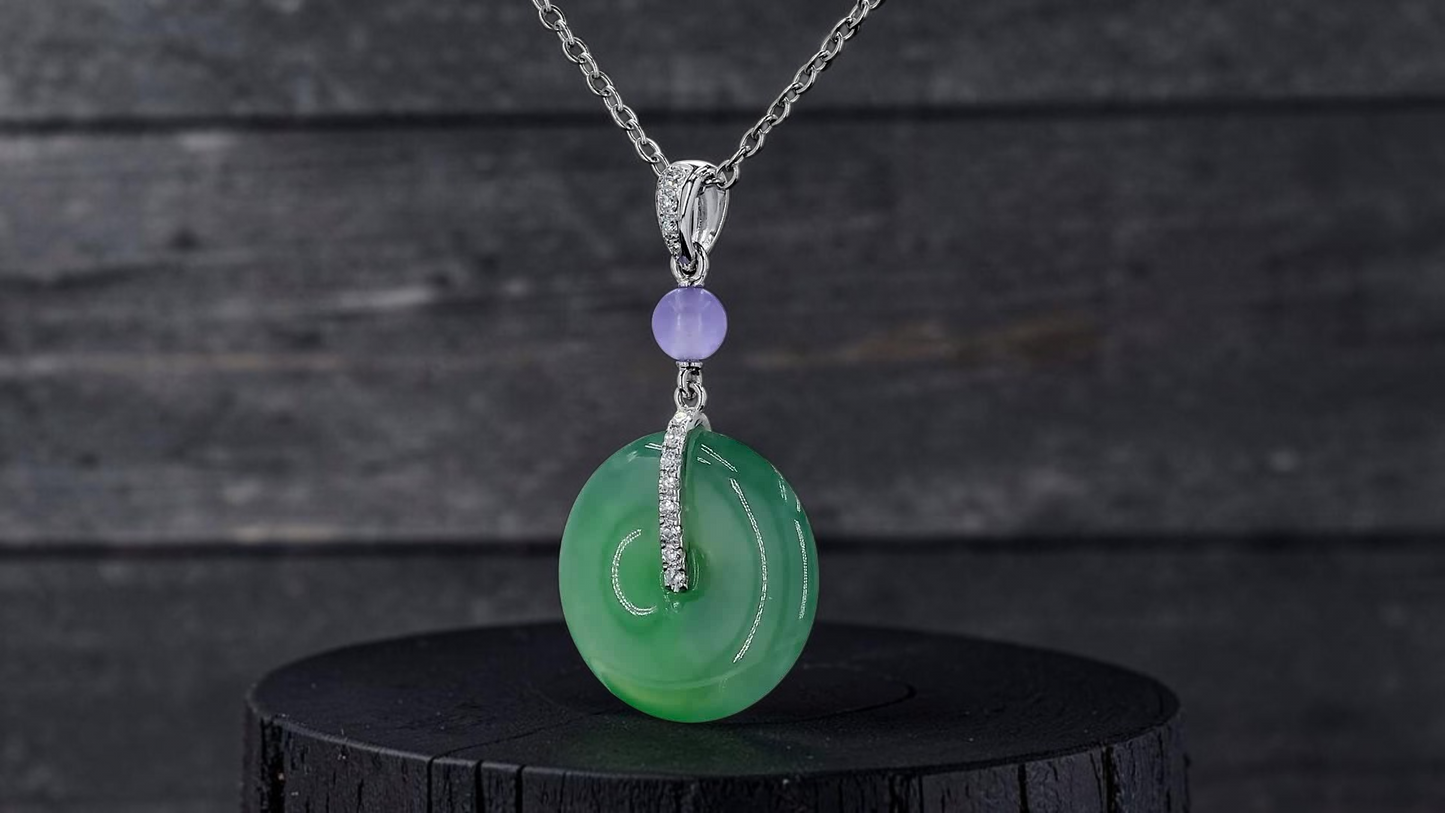 Nisshin Round Icy Green and Lavender Burmese A-Jadeite 16.80 mm Donut Charm Pendant (with 18K White Gold and White Diamonds) - Certified