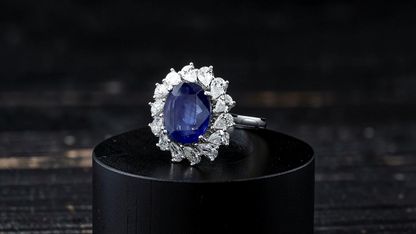Aomori MADE IN JAPAN Certified Oval Shaped 4.432 cts. No Heat Burmese Natural Deep Blue Sapphire Ring with 18K White Gold and White Diamonds Size US 7  - R29