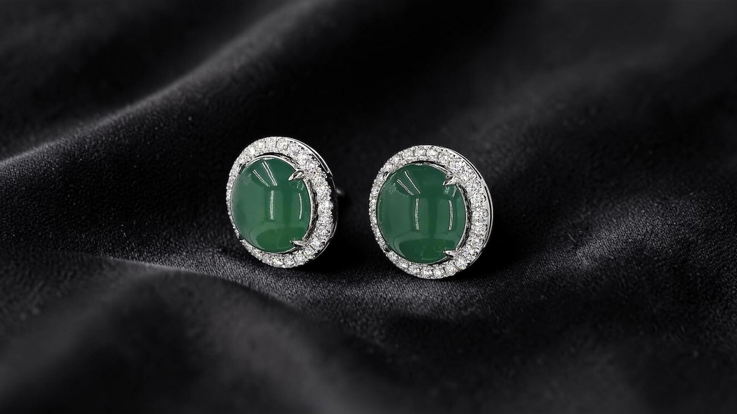Eternal Sunshine Blue Green Burmese A-Jade Stud Earrings with Diamond Halo and 18K White Gold - Certified - V3