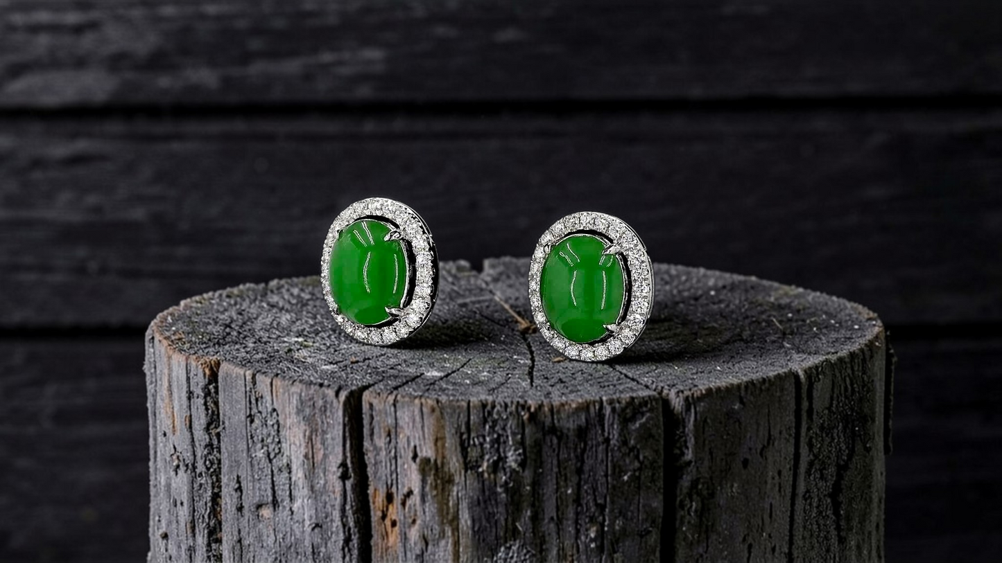 Eternal Sunshine Green Burmese A-Jade Stud Earrings with Diamond Halo and 18K White Gold - Certified - V4