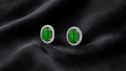 Eternal Sunshine Green Burmese A-Jade Stud Earrings with Diamond Halo and 18K White Gold - Certified - V4