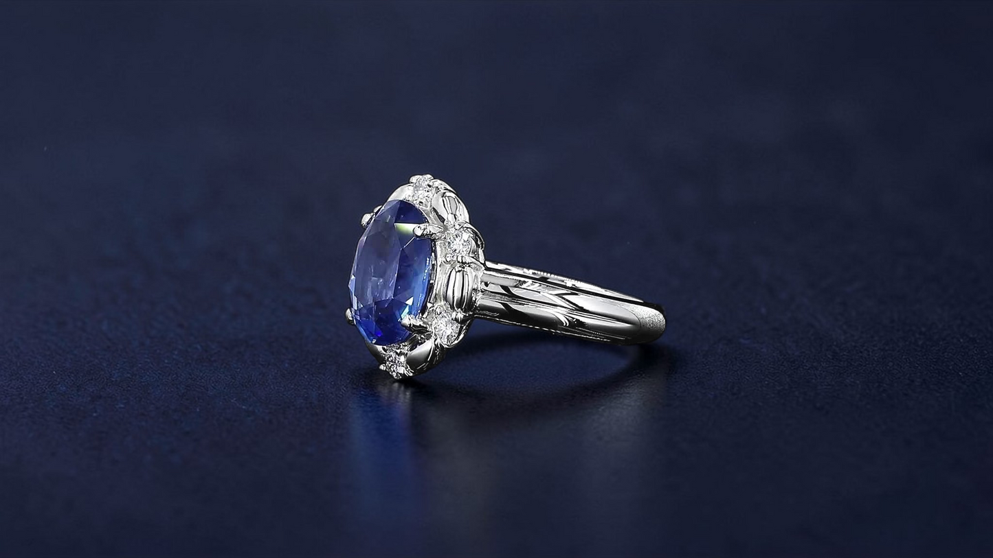 Toyohashi MADE IN JAPAN Certified Oval Shaped 3.17 cts. Cornflower Blue Sapphire Ring with Platinum 900 and White Diamonds Size US5 - R10