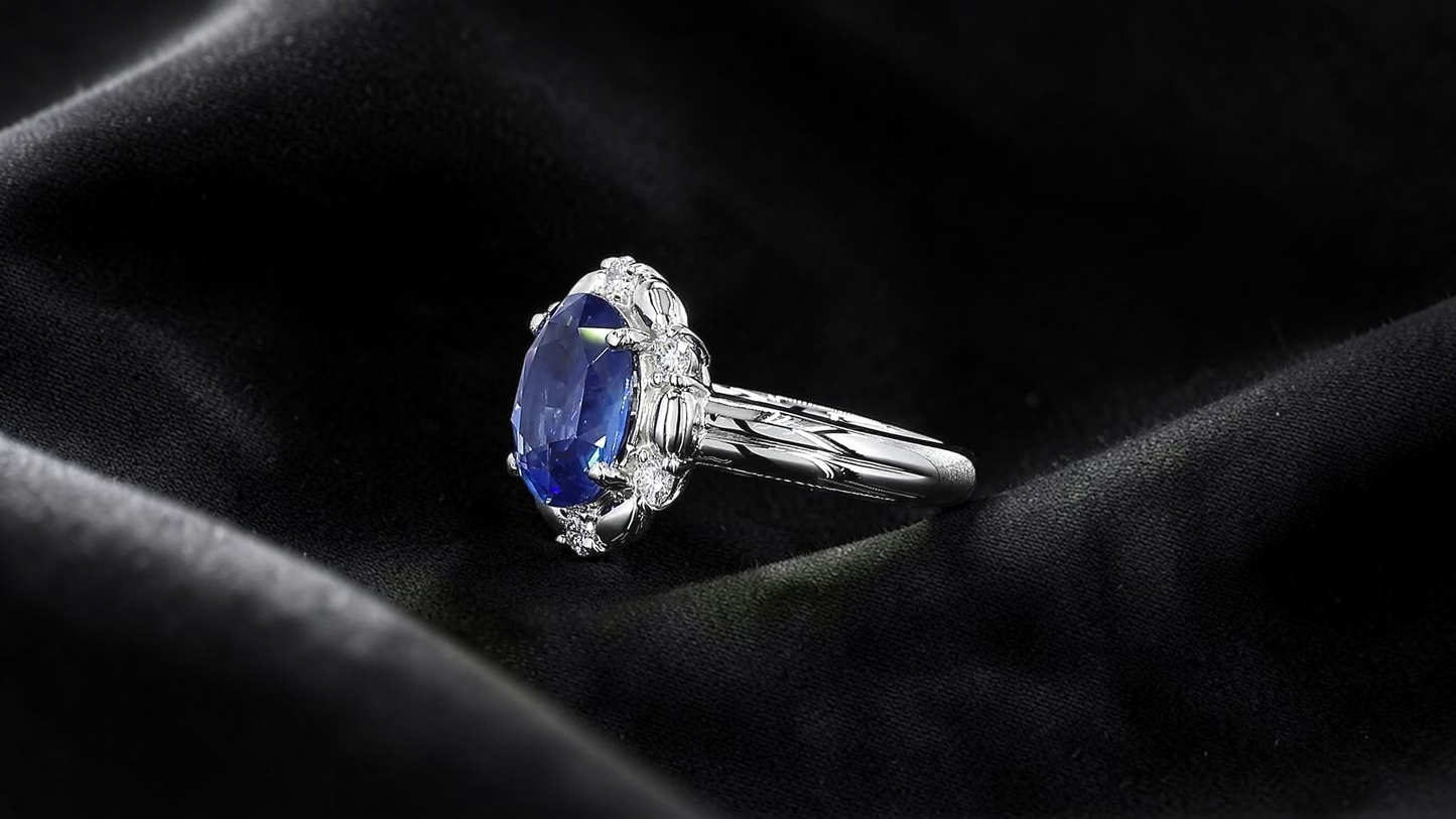Toyohashi MADE IN JAPAN Certified Oval Shaped 3.17 cts. Cornflower Blue Sapphire Ring with Platinum 900 and White Diamonds Size US5 - R10