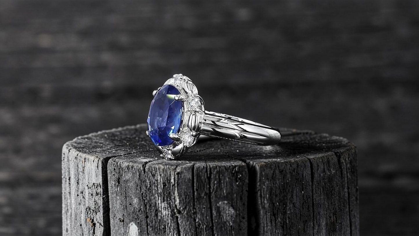 Toyohashi MADE IN JAPAN Certified Oval Shaped 3.17 cts. Cornflower Blue Sapphire Ring with Platinum 900 and White Diamonds Size US5 - R10