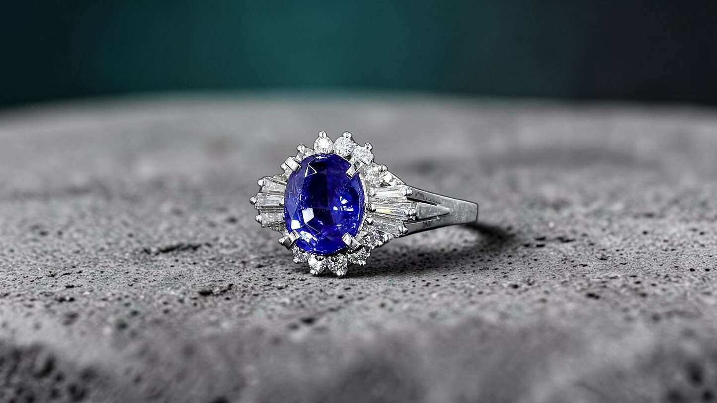 Ichinomiya MADE IN JAPAN Certified Oval Shaped 1.93 cts. Natural Blue Sapphire Ring with Platinum 900 and White Diamonds Size US6.5  - R12