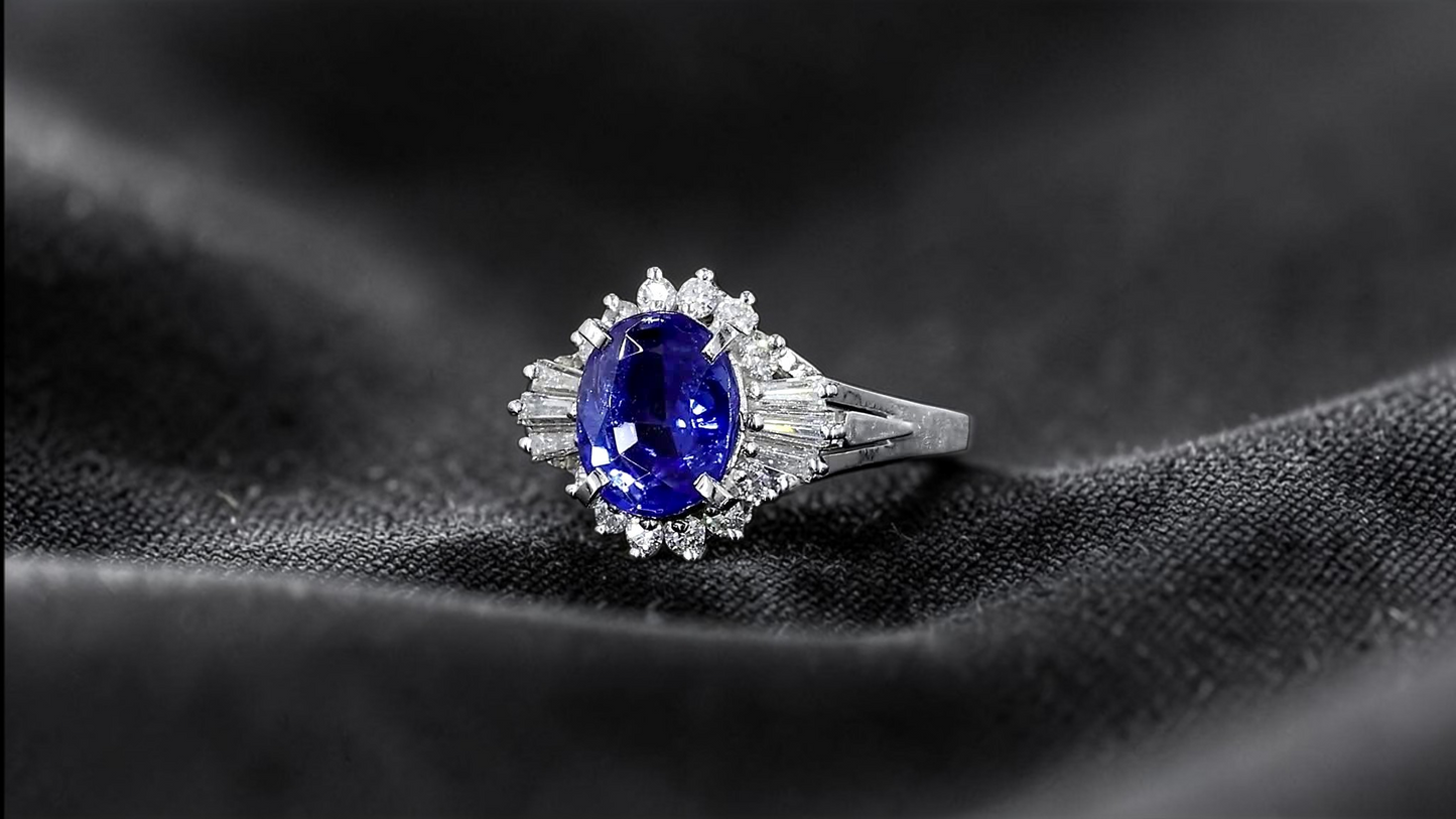 Ichinomiya MADE IN JAPAN Certified Oval Shaped 1.93 cts. Natural Blue Sapphire Ring with Platinum 900 and White Diamonds Size US6.5  - R12