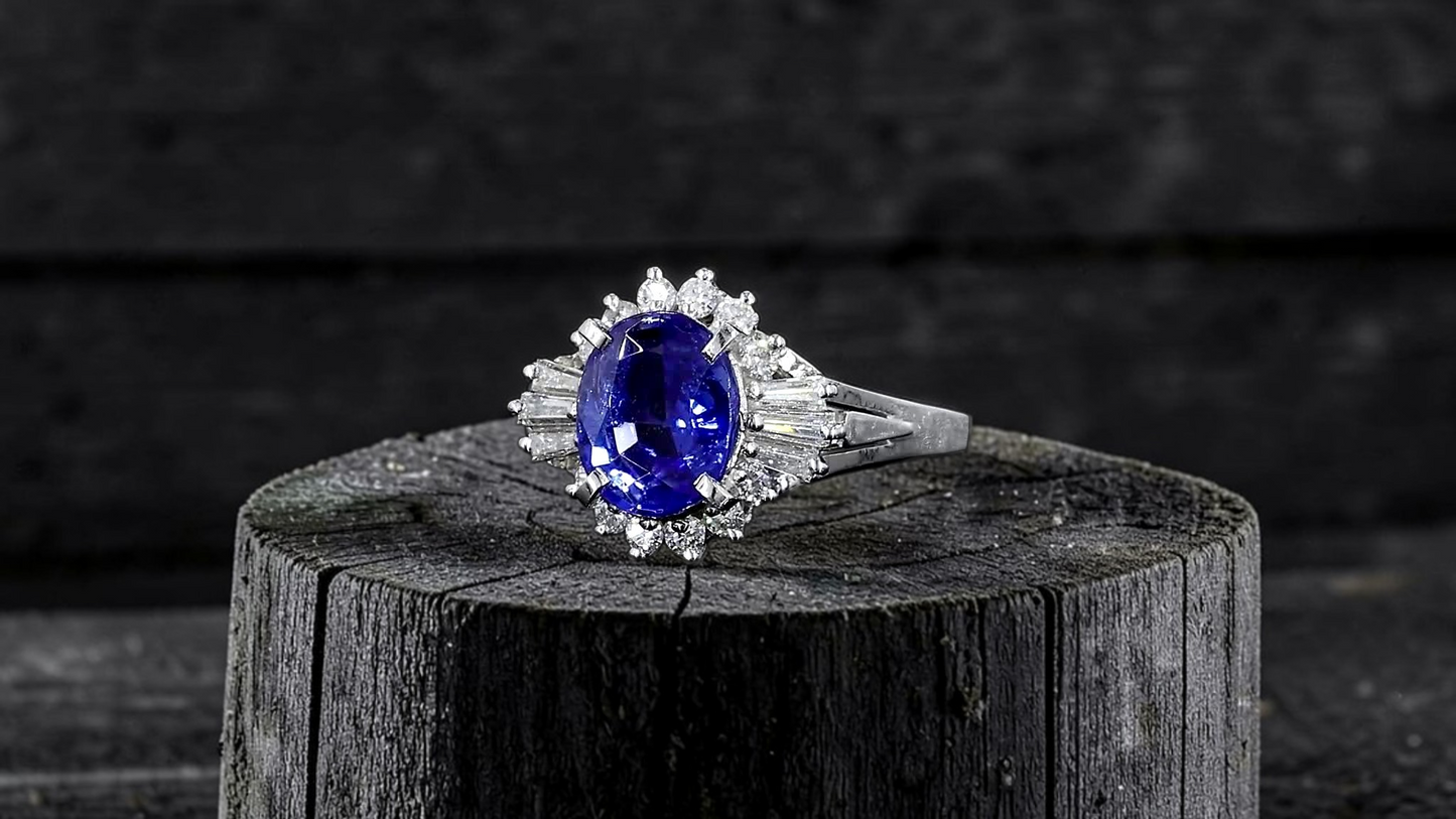Ichinomiya MADE IN JAPAN Certified Oval Shaped 1.93 cts. Natural Blue Sapphire Ring with Platinum 900 and White Diamonds Size US6.5  - R12