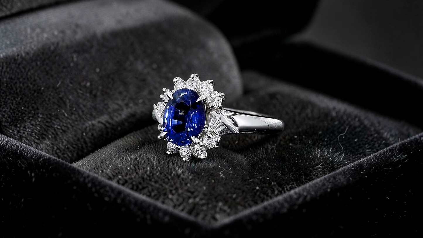 Seto MADE IN JAPAN Certified Oval Shaped 1.80 cts. Natural Deep Blue Sapphire Ring with Platinum 900 and White Diamonds Size US5.5  - R13