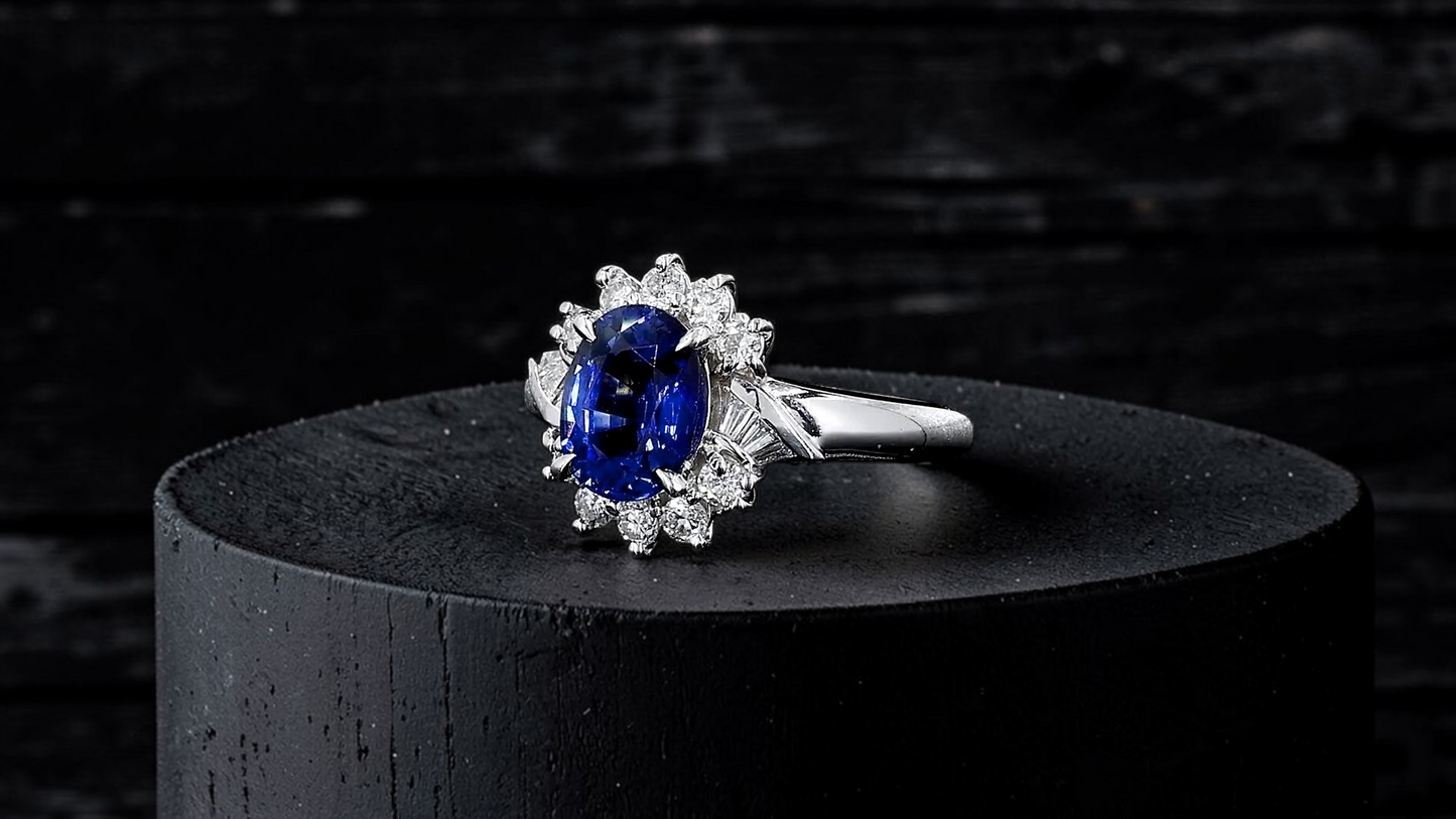 Seto MADE IN JAPAN Certified Oval Shaped 1.80 cts. Natural Deep Blue Sapphire Ring with Platinum 900 and White Diamonds Size US5.5  - R13
