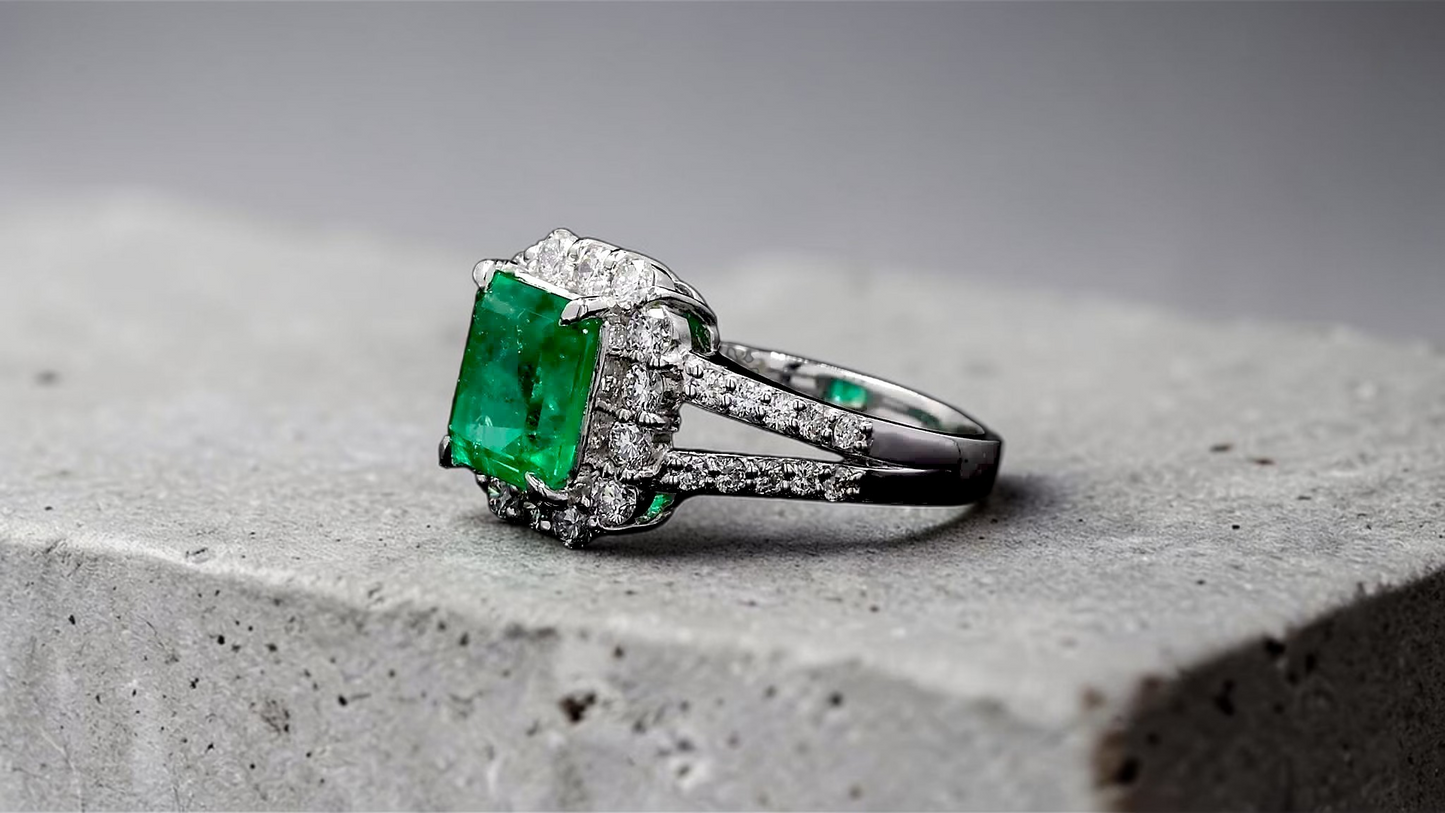 Handa MADE IN JAPAN Certified 2.34 cts. Minor Oil Vivid Green Columbian Emerald Ring with Platinum 900 and White Diamonds Size US6  - R14