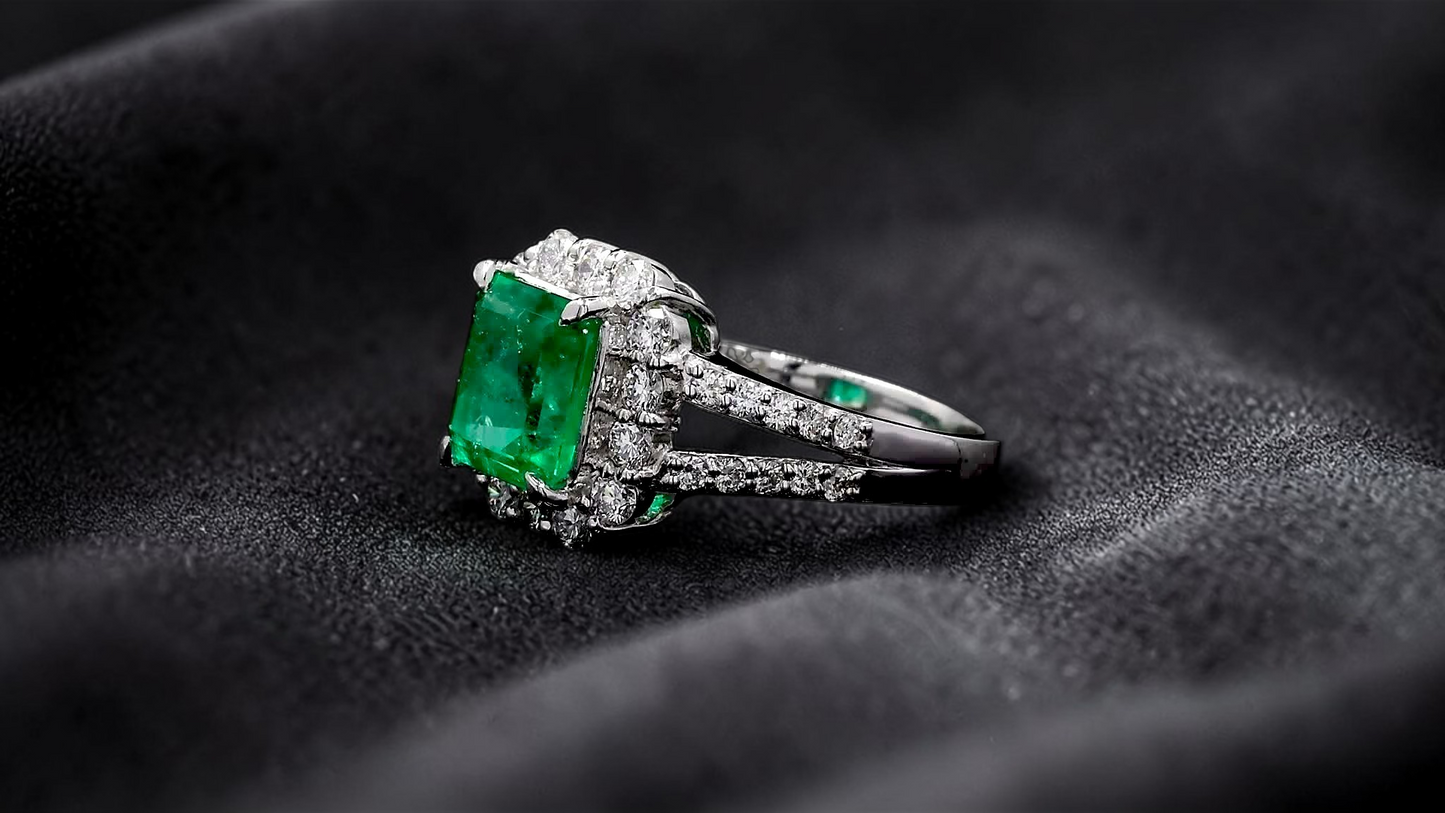 Handa MADE IN JAPAN Certified 2.34 cts. Minor Oil Vivid Green Columbian Emerald Ring with Platinum 900 and White Diamonds Size US6  - R14