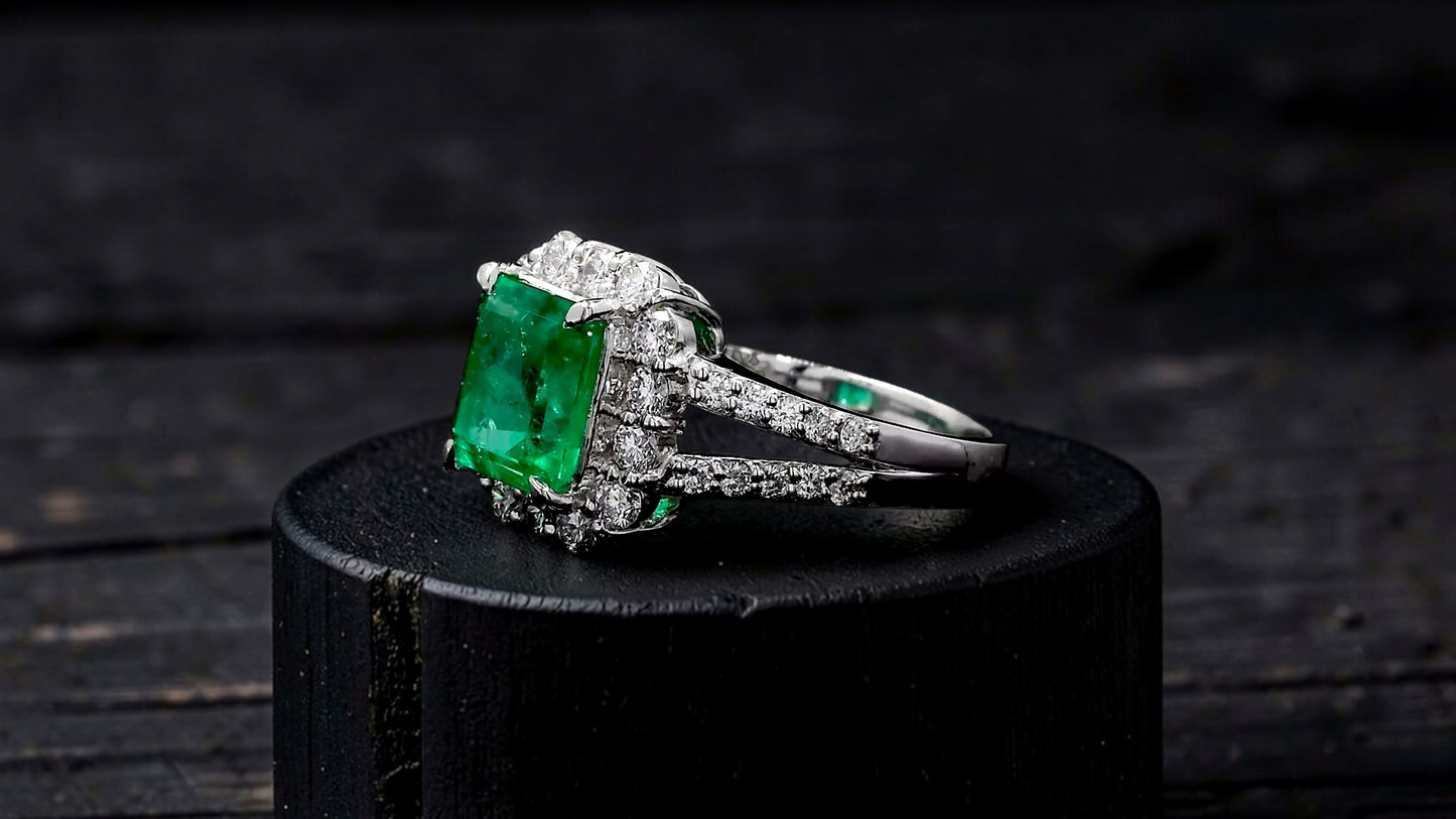 Handa MADE IN JAPAN Certified 2.34 cts. Minor Oil Vivid Green Columbian Emerald Ring with Platinum 900 and White Diamonds Size US6  - R14