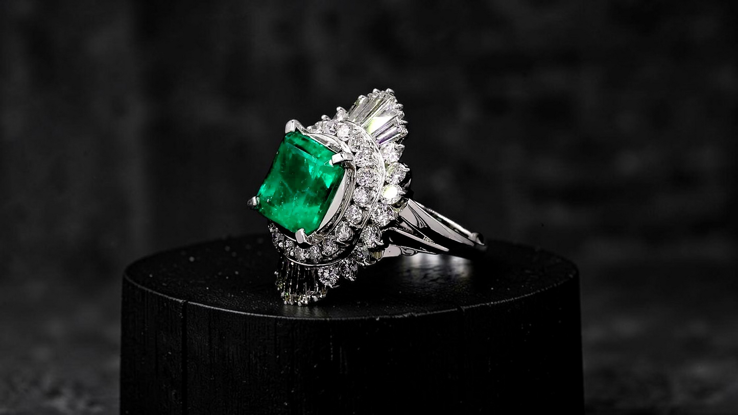 Kasugai MADE IN JAPAN Certified 3.17 cts. Vivid Green Columbian Emerald Ring with Platinum 900 and White Diamonds Size US4.5  - R15