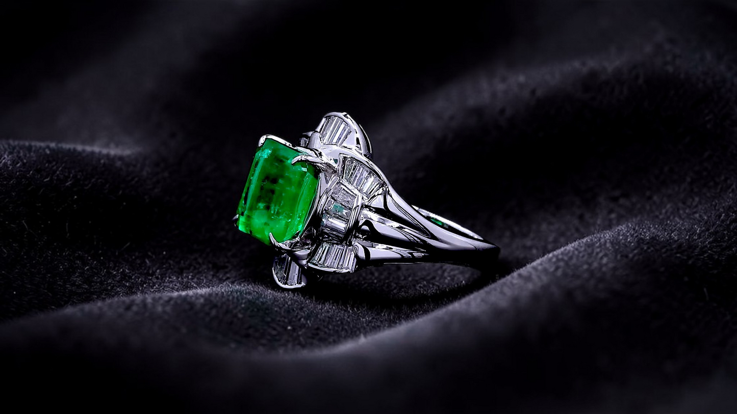 Nishio MADE IN JAPAN Certified 3.51 cts. Muzo Vivid Green Columbian Emerald Ring with Platinum 900 and White Diamonds Size US6  - R16