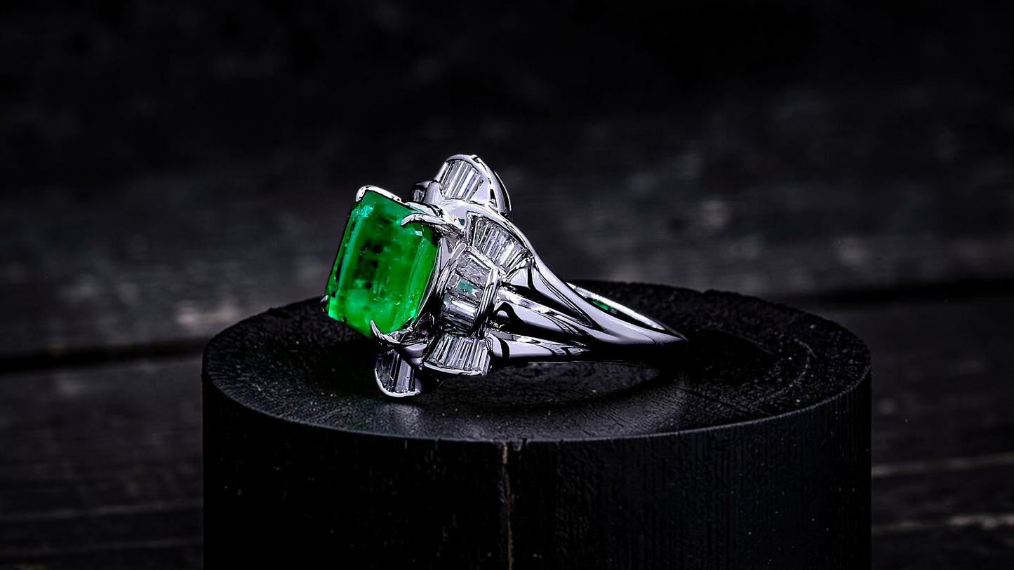 Nishio MADE IN JAPAN Certified 3.51 cts. Muzo Vivid Green Columbian Emerald Ring with Platinum 900 and White Diamonds Size US6  - R16