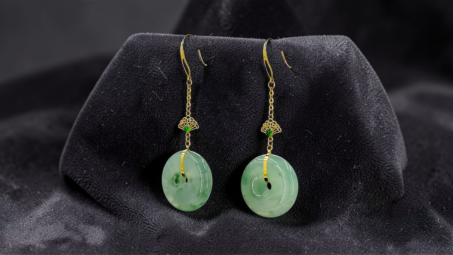 Gamagori Dangling Donut Icy Green Burmese A-Jade French Hook Earrings (with 18K Yellow Gold) - Certified