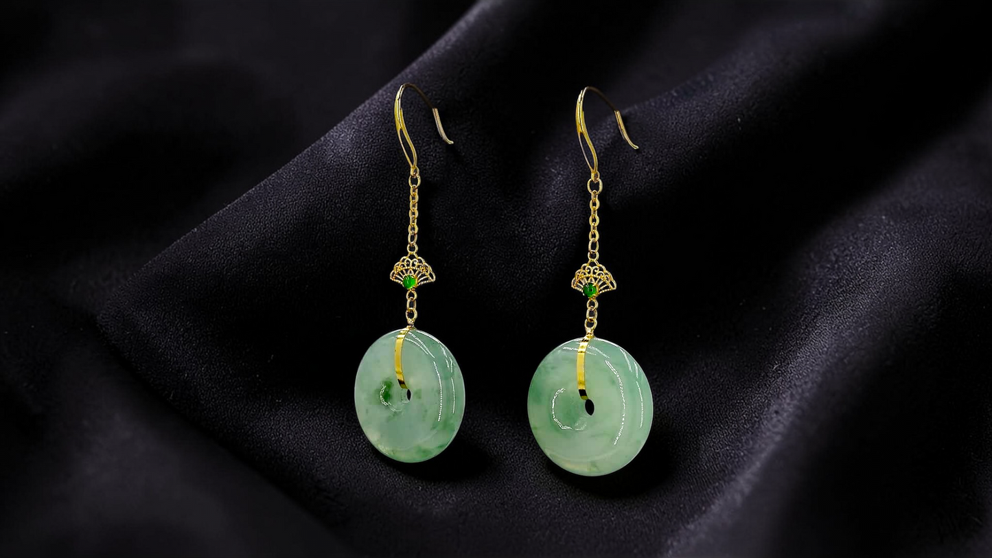 Gamagori Dangling Donut Icy Green Burmese A-Jade French Hook Earrings (with 18K Yellow Gold) - Certified