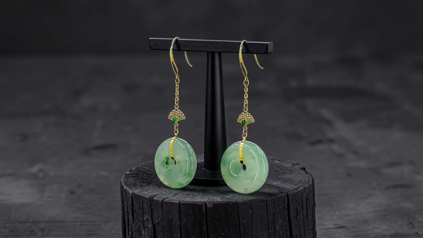 Gamagori Dangling Donut Icy Green Burmese A-Jade French Hook Earrings (with 18K Yellow Gold) - Certified