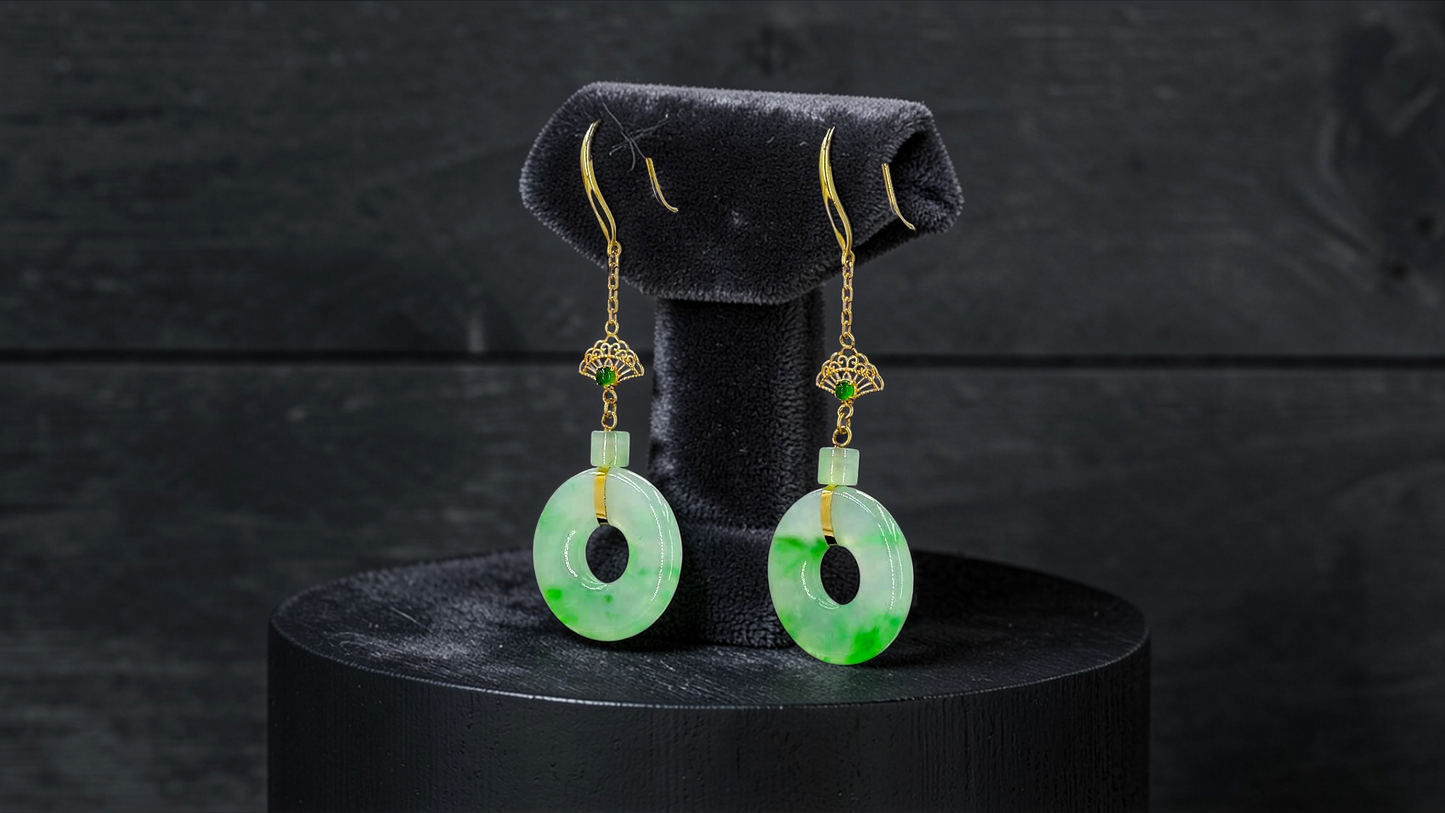 Inuyama Dangling Donut Icy Green Burmese A-Jade French Hook Earrings (with 18K Yellow Gold) - Certified